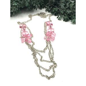 Vintage Silver-Tone Long Chain Necklace With Pink Acrylic Beads & Lobster Clasp